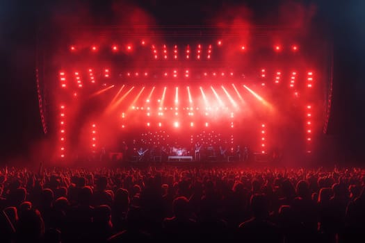 The stage during a concert is lit with bright red light and floodlights. High quality photo