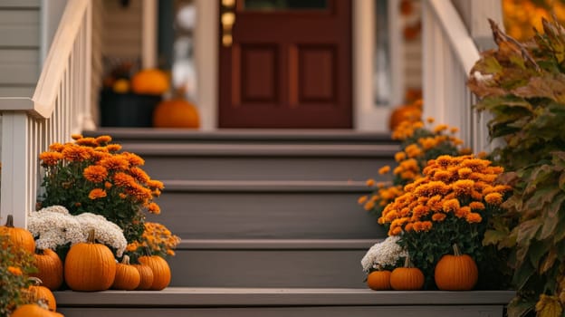 Decorating the porch and front door with pumpkins and fall flowers. Decorating the house for the traditional holiday. High quality photo