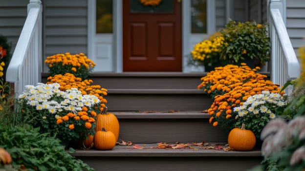 Decorating the porch and front door with pumpkins and fall flowers. Decorating the house for the traditional holiday. High quality photo