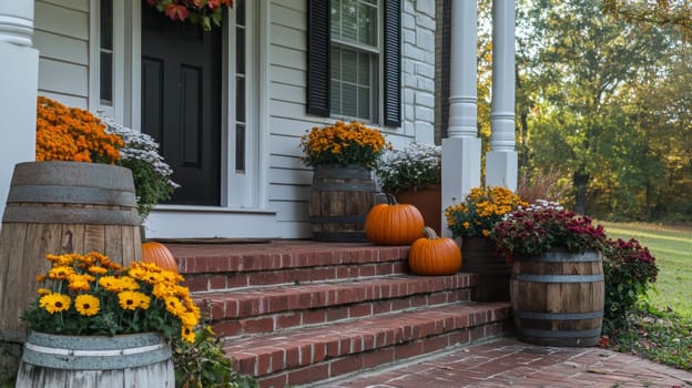Decorating the porch and front door with pumpkins and fall flowers. Decorating the house for the traditional holiday. High quality photo