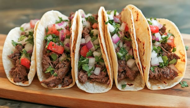 Four delicious tacos on a wooden board are waiting to be eaten