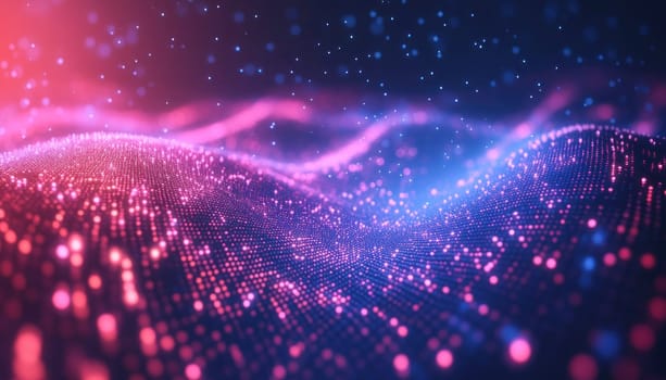 Abstract pink and blue particles landscape background forming a wave shape