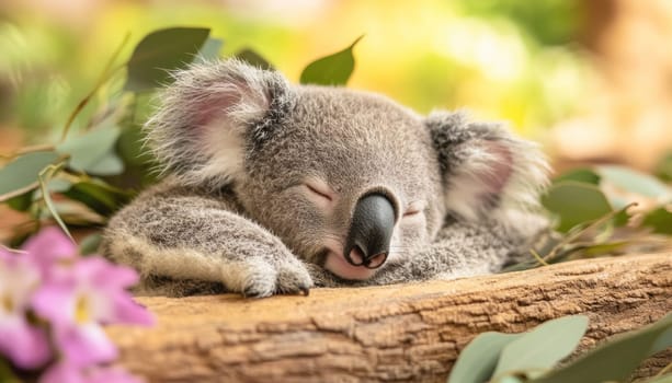 Young koala resting on a branch surrounded by eucalyptus leaves