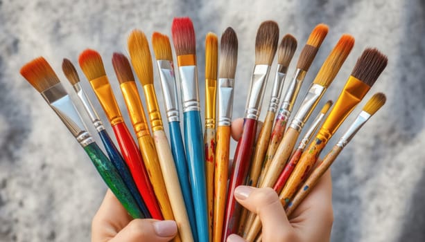 Artist is holding many paintbrushes with their colorful wooden handles