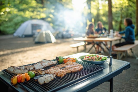 Fish and peppers are grilling on a sunny summer day while friends enjoy a meal at a campsite