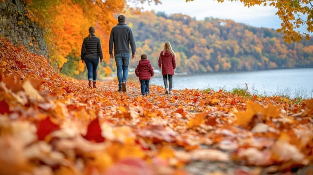 Family is taking a walk in the forest on a trail next to a lake in autumn