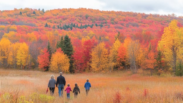 Family is taking a leisurely stroll through a field with vibrant autumn foliage in the background