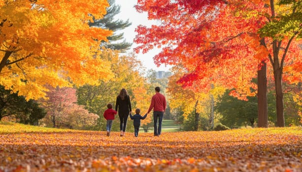 Family is enjoying a peaceful walk on a path covered with colorful autumn leaves