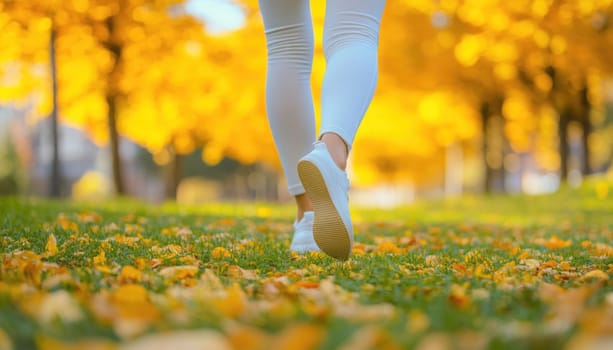 Woman wearing white pants and sneakers walking away on grass covered with colorful autumn leaves
