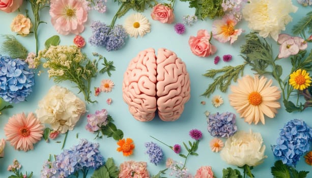 Pink anatomical brain model is lying on a blue background surrounded by colorful flowers and leaves