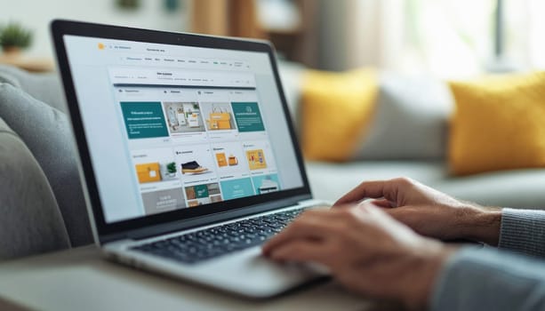 Man is browsing an ecommerce website on his laptop, looking for products to buy