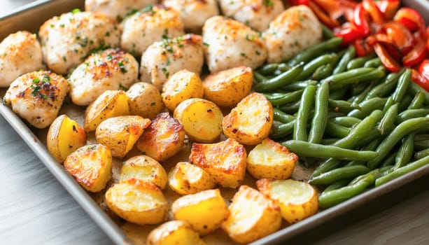 Delicious and healthy sheet pan dinner with roasted chicken breast, potatoes, green beans and bell peppers, seasoned with herbs