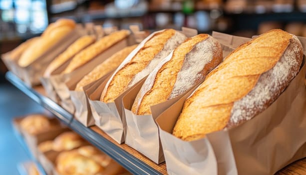 Fresh crusty loaves of bread cooling in paper bags on a bakery shelf are ready to be purchased