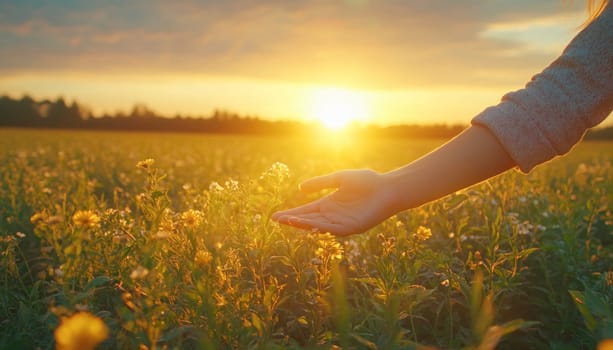 Woman is gently touching wildflowers growing in a field at sunset