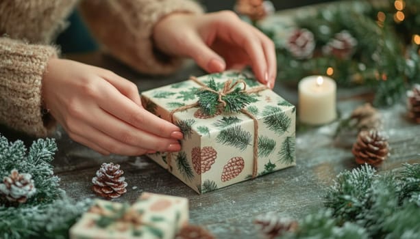 Woman is wrapping a christmas present with fir branches, pine cones, and ornaments around