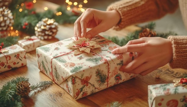 Woman wrapping christmas presents with care on a wooden table with fir branches
