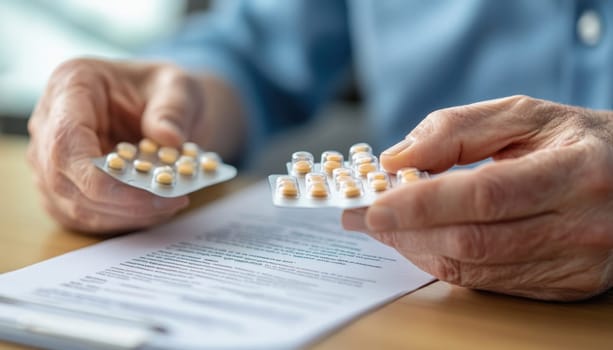 Elderly man is holding two blister packs of pills while reading the instructions on a medical prescription