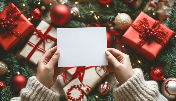 Woman holding an empty christmas card with copy space surrounded by christmas gifts and decorations