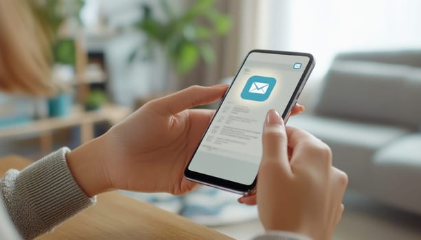 Woman is using a smartphone for checking email inbox in a cozy living room at home
