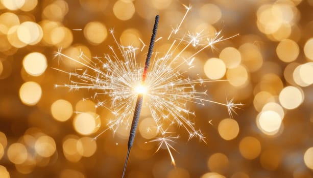 Two sparklers burning against a golden bokeh lights background, creating a festive and celebratory atmosphere