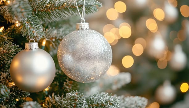 Silver christmas ornaments hanging on a snow covered christmas tree with twinkling lights and falling snow in the background
