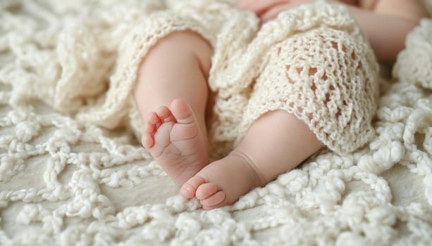 Newborn baby is sleeping peacefully on a white knitted blanket showing its tiny feet