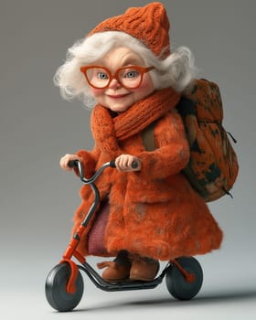 Cartoon elderly woman in stylish clothes riding a roller, on a white background. Selective focus.