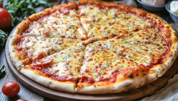 Freshly baked pizza with melted mozzarella cheese and oregano being served on a wooden board
