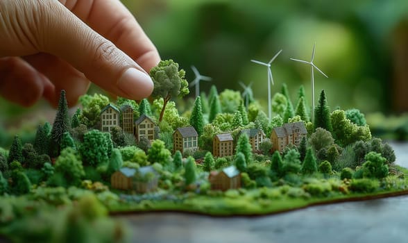 Hands making a miniature model of a cityscape with wind turbines, green energy. Selective focus.
