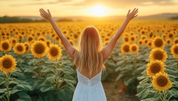 Woman wearing white dress raising her arms in a sunflower field