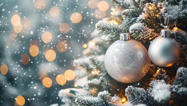 Silver christmas ornaments hanging on a snow covered christmas tree with twinkling lights and falling snow in the background