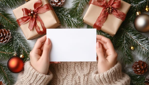 Woman wearing a cozy sweater holding a blank christmas card surrounded by christmas decorations