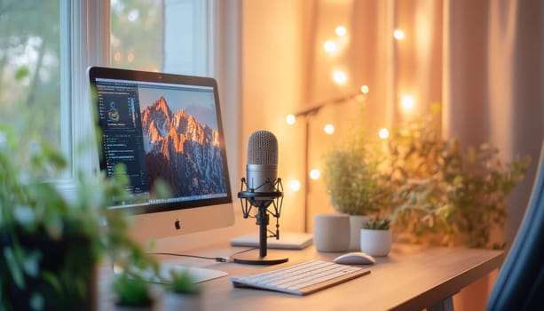 Home recording studio setup with a professional microphone on a desk with a computer displaying code in the background