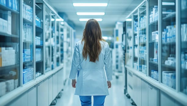 Scientist is walking down the aisle of a medical research laboratory