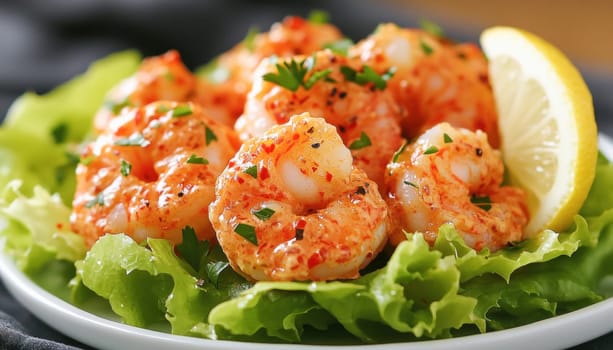 Shrimps with a spicy garlic butter sauce, decorated with parsley and lemon, resting on a bed of lettuce