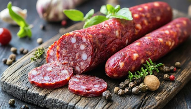 Sliced salami is laying on a cutting board with herbs and spices