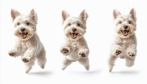 Three west highland white terriers are jumping simultaneously and looking happy with their mouths open