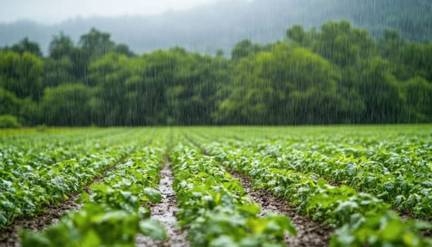 Rows of young potato plants are being watered by heavy rain on a farm field