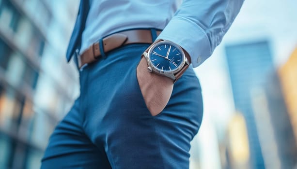 Businessman is standing outside an office building wearing a blue suit and a luxury wristwatch