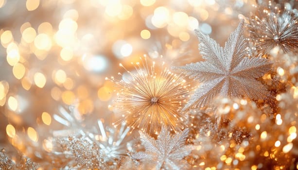 Golden christmas decoration branch is glittering under the warm sunlight