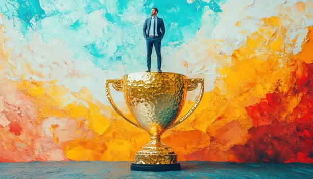Businessman is standing confidently on top of a giant gold trophy, symbolizing success and achievement