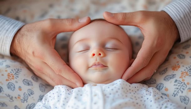 Father is holding his baby's head with his hands, enjoying a peaceful moment