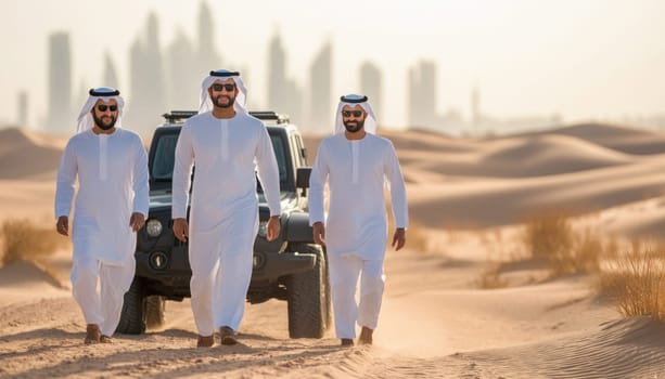 Three businessmen walking through the desert with a modern city in the background