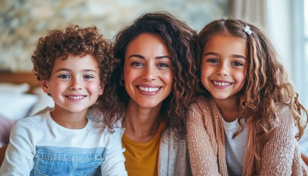 Mother is sitting with her son and daughter and smiling