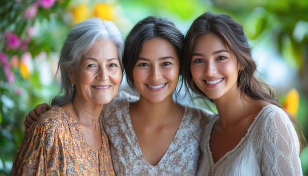 Portrait of a senior woman posing with her two adult daughters outdoors