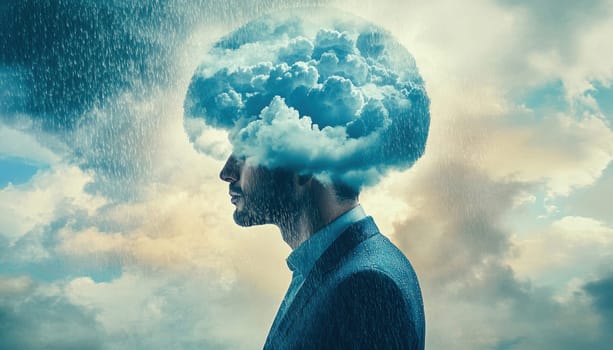 Businessman with a cloudy mind standing under a rainy sky as a concept for negative thoughts, anxiety and depression