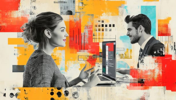 Business people video conferencing on laptop computer with artistic abstract modern background