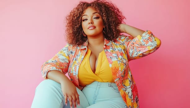 Curvy woman with curly hair is posing while sitting on a pink background