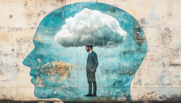 Surreal image depicting mental health issues with a businessman standing under a rain cloud inside a giant head silhouette painted on a wall