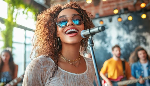 Young woman is singing with her band in a trendy pub